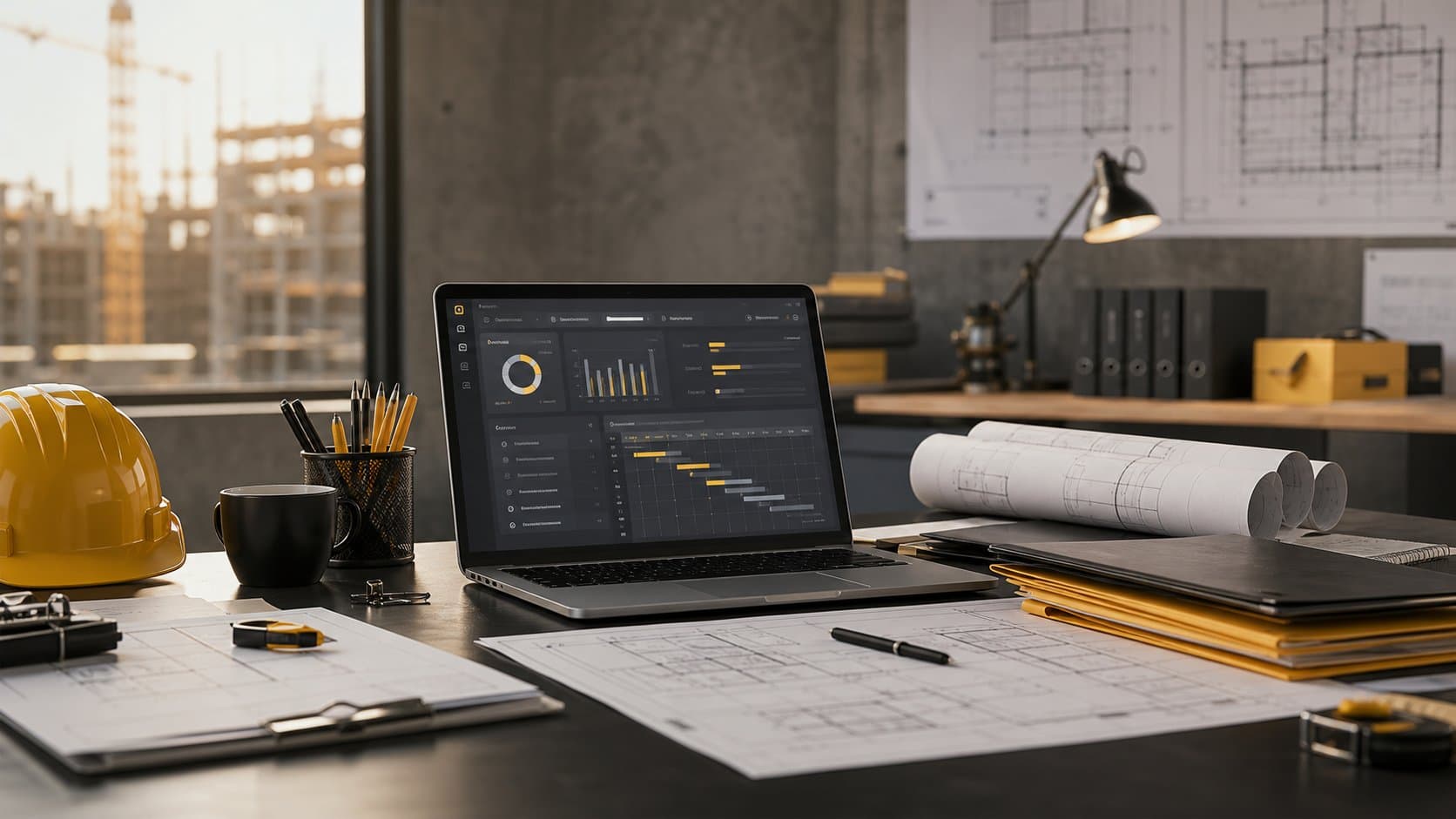 Construction estimating desk with a laptop, plans, folders, and bid documents.